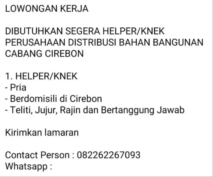 Lowongan Kerja HELPER/KNEK