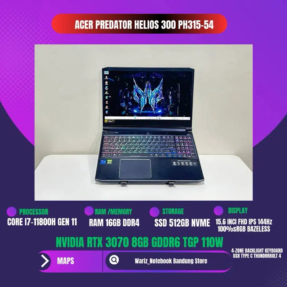 ACER PREDATOR HELIOS PH315-54 CORE I7-11800H NVIDIA RTX 3070 8GB