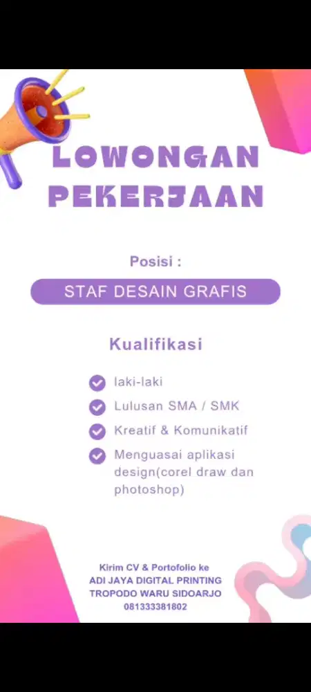 LOWONGAN DIBUTUHKAN SEGERA STAFF DESIGN GRAFIS