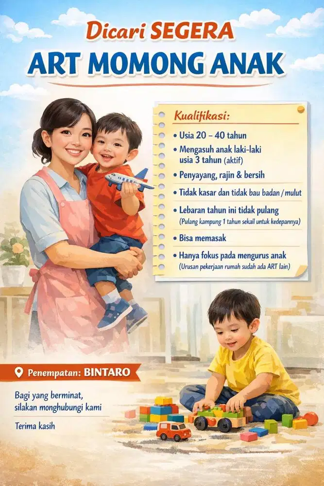 DIBUTUHKAN ART MOMONG NGINAP (TIDAK BISA PP)