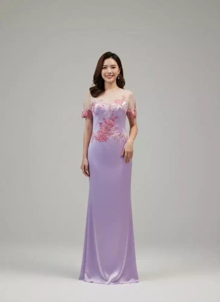 GAUN PESTA PRELOVE WARNA LILAC DENGAN MODEL LENGAN PENDEK