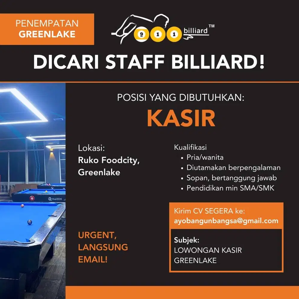LOKER KASIR 911 BILLIARD GREENLAKE
