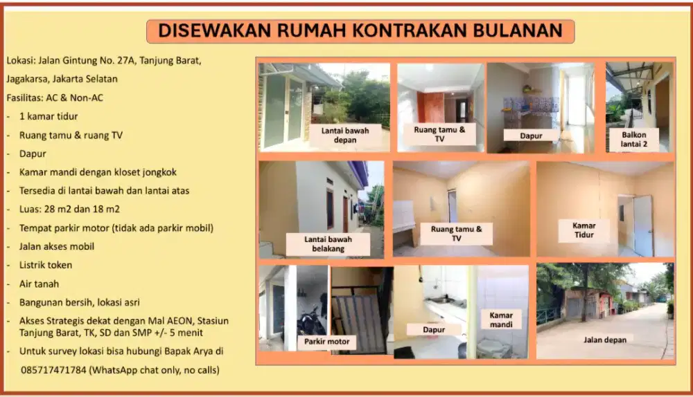 Disewakan Rumah Kontrakan Bulanan Strategis Jagakarsa Jakarta Selatan