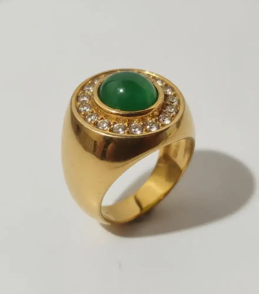 (Preloved) Cincin Ring Batu Akik Giok Hijau Lapis Chrome Emas 20mm