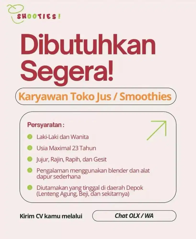 DIBUTUHKAN SEGERA, pegawai toko jus/ smoothies