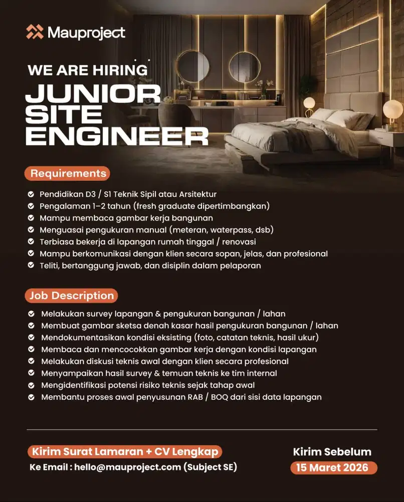 Lowongan Kerja Junior Site Engineer / Survey Lapangan