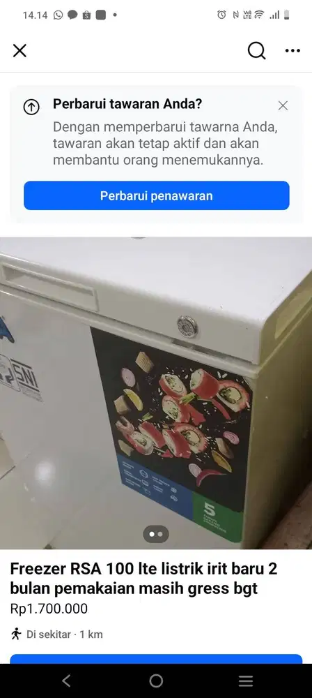 Frezer 100 ltr.. Baru sebulan pemakaian masih ada garansi