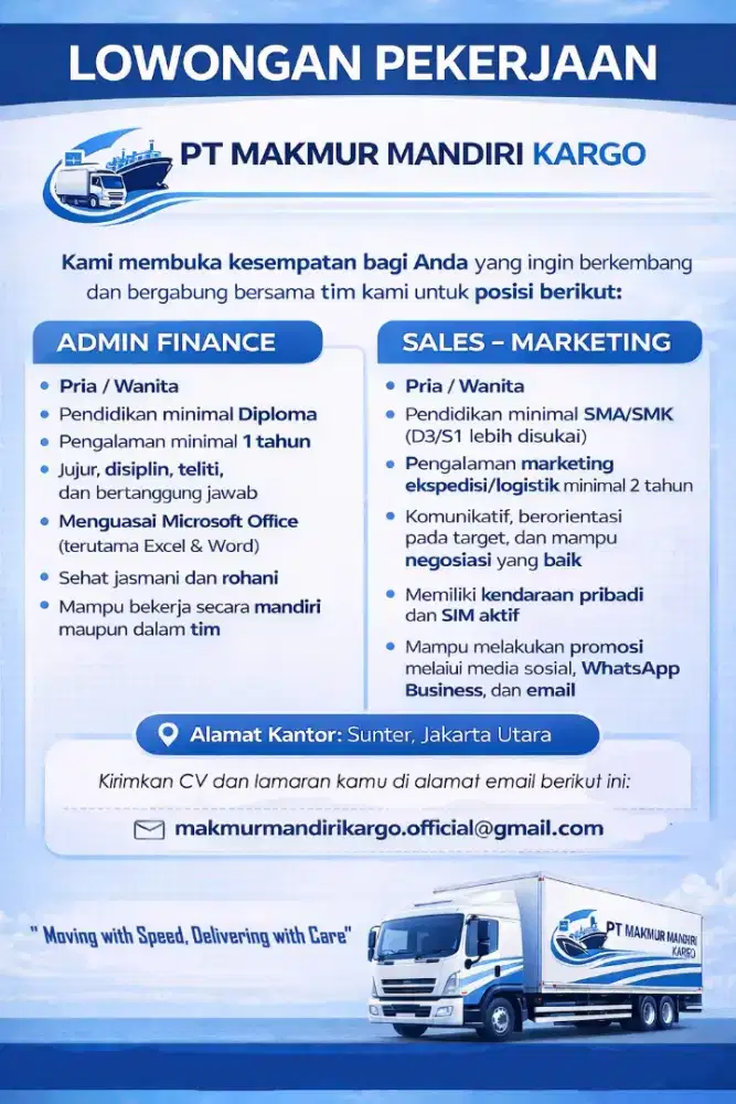 Lowongan kerja sales Marketing dan Admin Finance