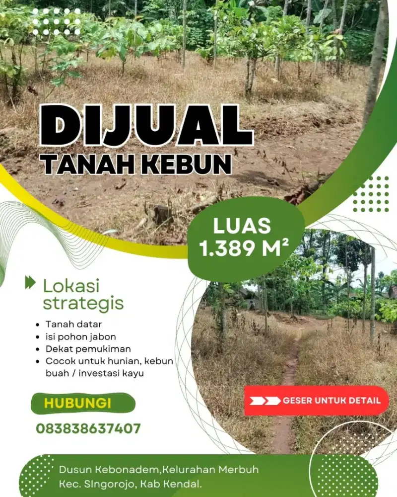 Dijual Tanah Kebun SHM Luas 1.389 m²