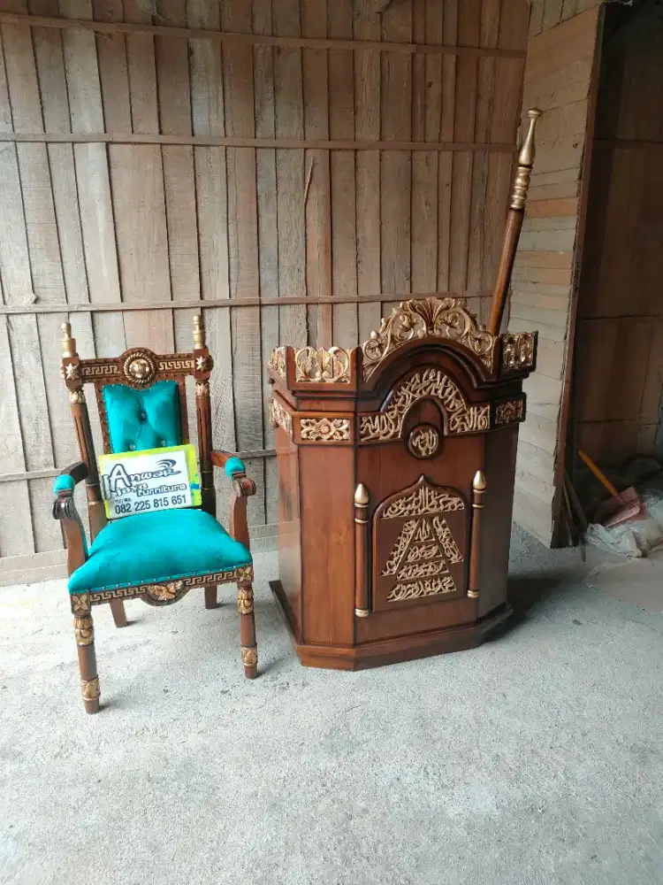 Mimbar masjid podium set kursi full kayu jati
