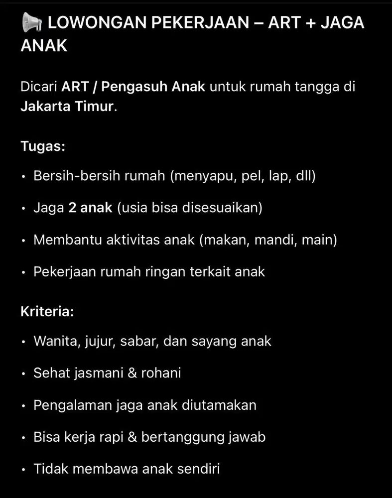 dibutuhkan segera ART dan jaga anak