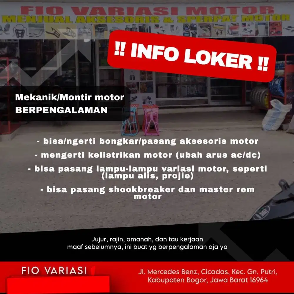 Loker Lowongan Mekanik/montir aksesoris variasi motor, gn putri bgr