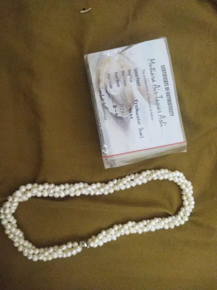 Kalung Mutiara Air Tawar Asli 3 Untai + Sertifikat