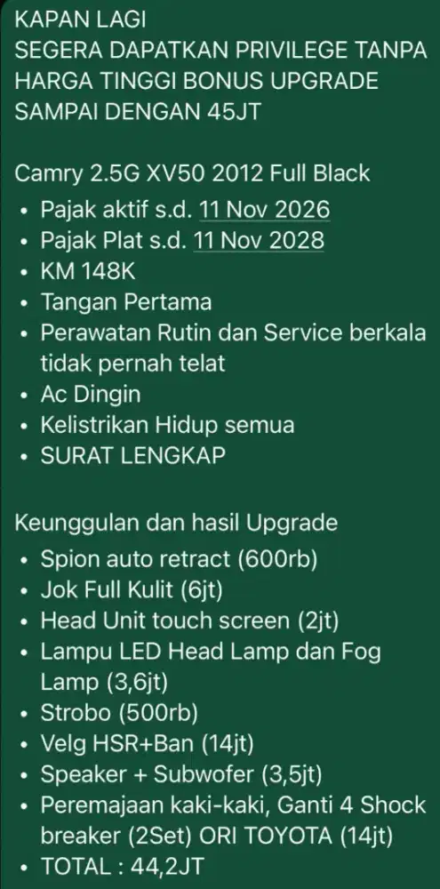 Toyota Camry 2012 Bensin