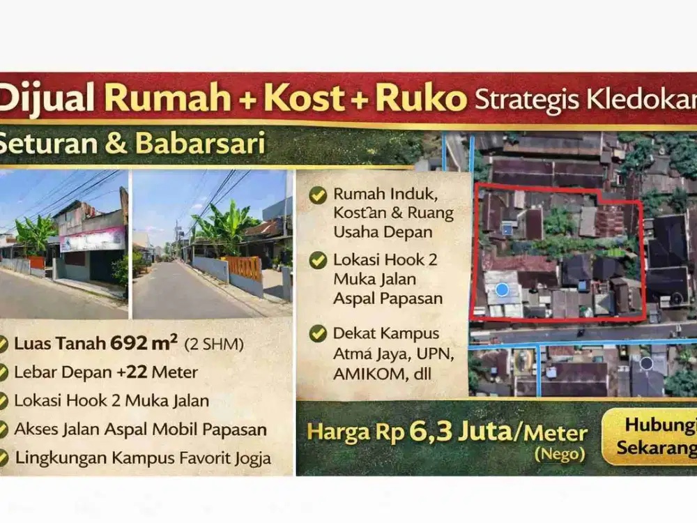 Dijual Rumah Kost & Ruko Hook Seturan Babarsari Sleman