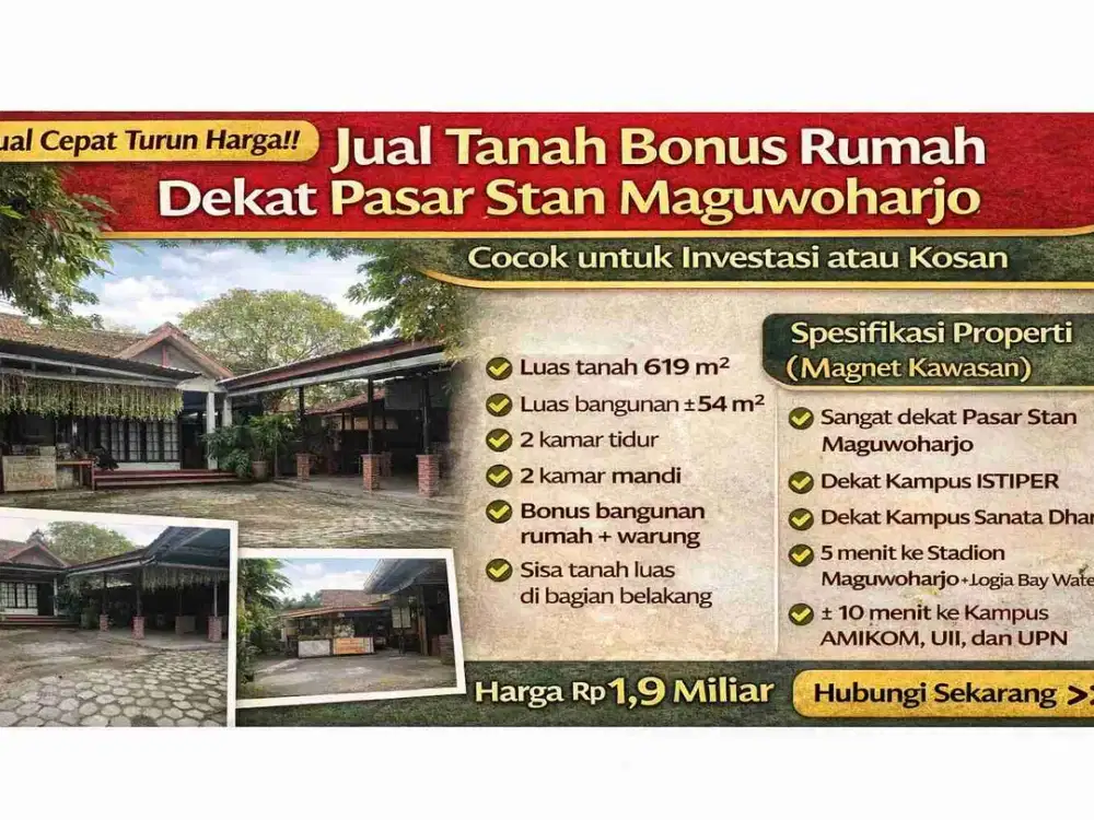 Jual Tanah Bonus Rumah Dekat Pasar Stan Maguwoharjo