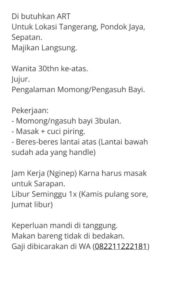 Dibutuhkan Asisten Rumah Tangga Lokasi Sepatan Tangerang