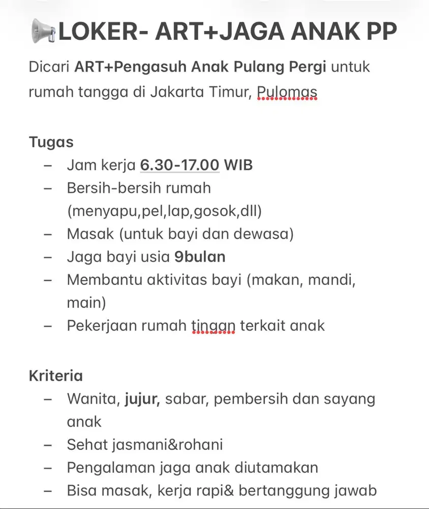 DIBUTUHKAN SEGERA ART+PENGASUH