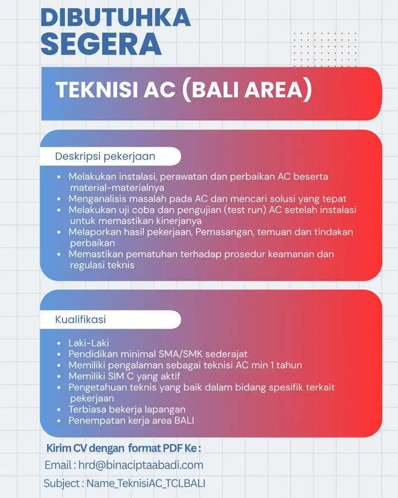 Dibutuhkan Teknisi AC