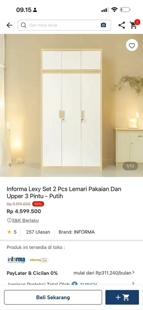 Informa Lexy Set 2 Pcs Lemari Pakaian Dan Upper 3 Pintu - Putih