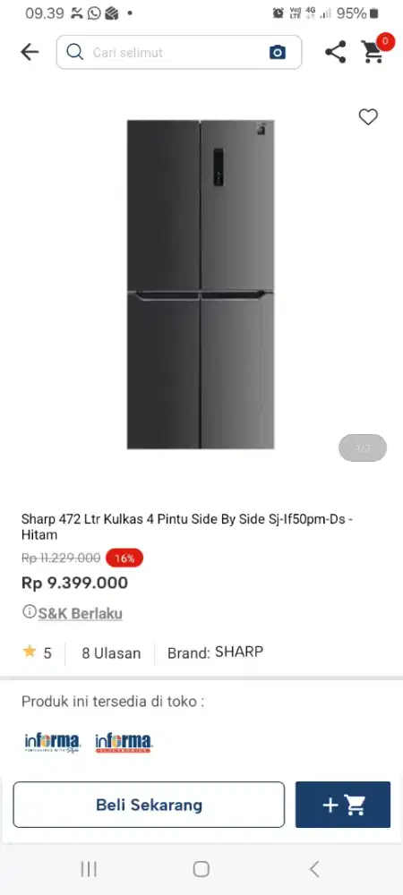 PROMO KREDIT SHARP 472 LTR KULKAS 4 PINTU SBS