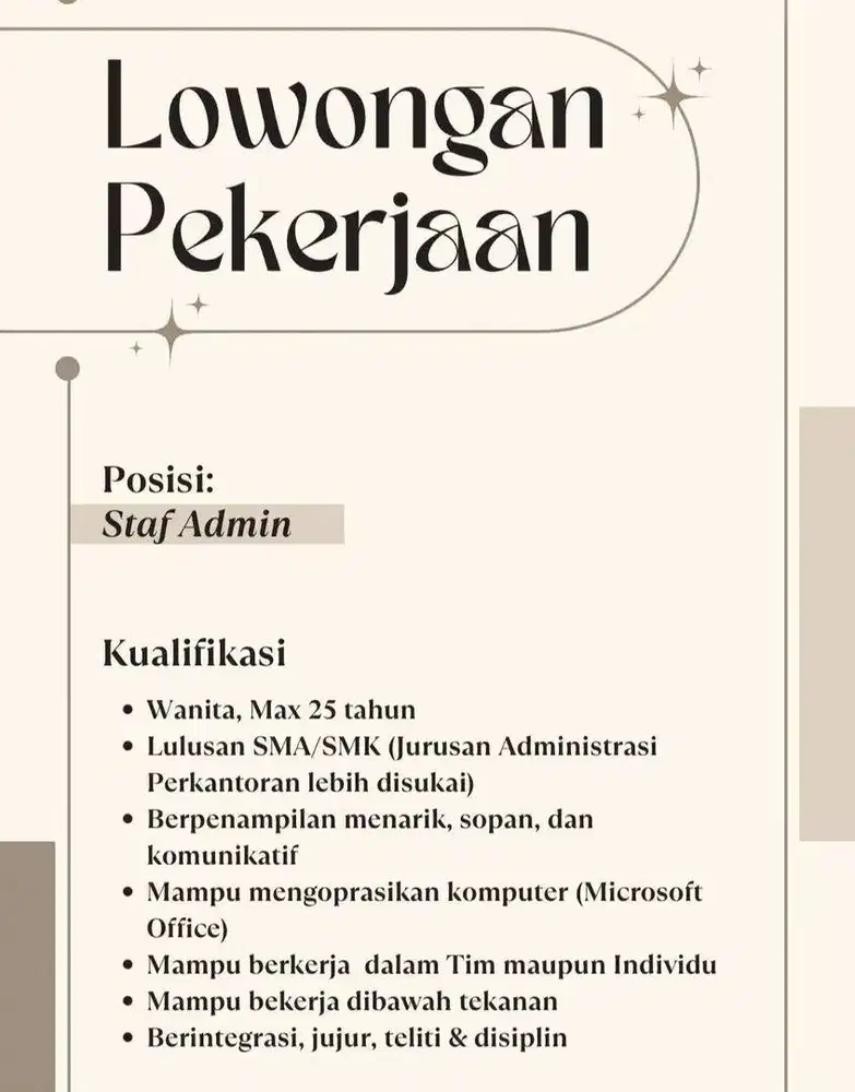 DIBUTUHKAN SEGERA ADMIN & TELEMARKETING