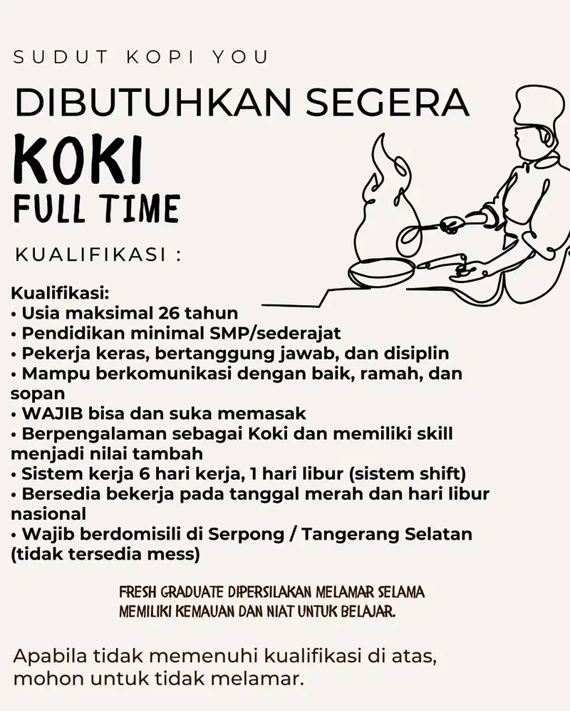 LOWONGAN KERJA KOKI/ CHEF/ COOK