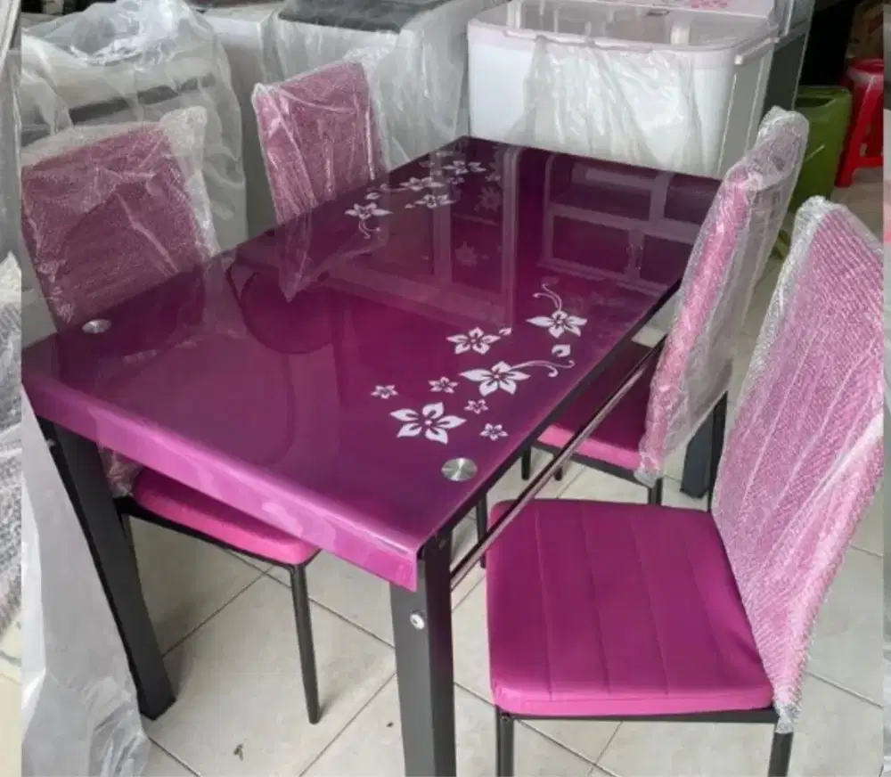 meja makan tempred glass 4 kursi, macam-macam warna