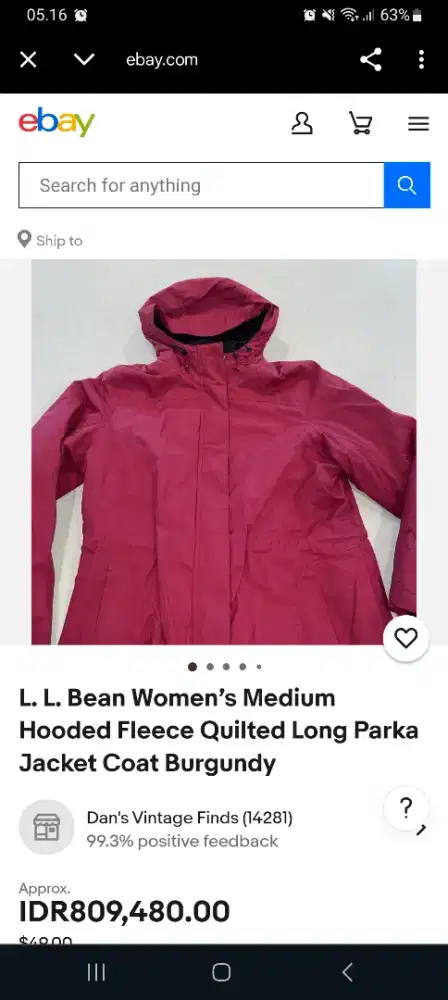 LL Bean Medium Hooded Flace Quilted Jacket coat Burgundy Parka
