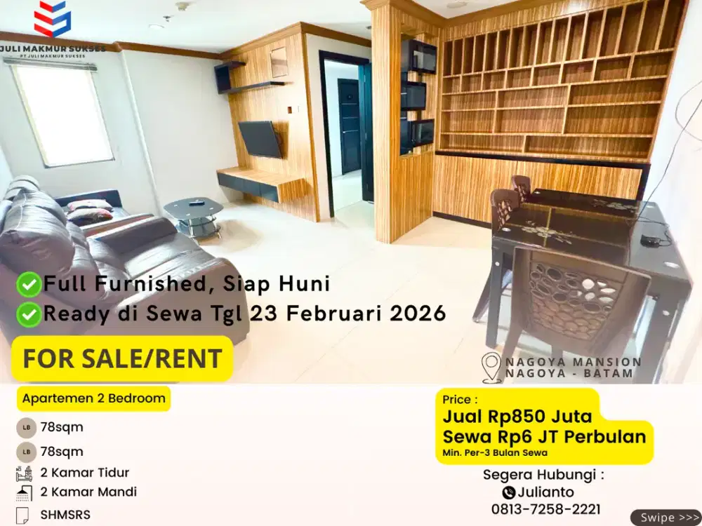 Dijual Apartemen 2BR Full Furnished di Nagoya Mansion Batam