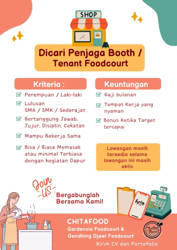 Lowongan Pekerjaan Penjaga Booth atau Tenant Foodcourt