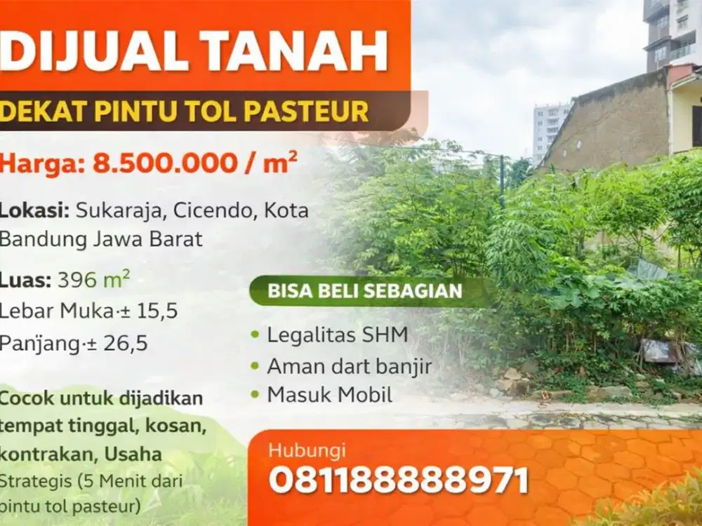 TANAH STRATEGIS CUMA 5 MENIT DARI TOL PASTEUR – SHM