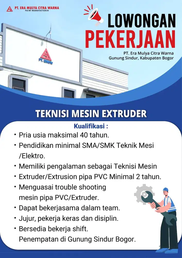 DIBUTUHKAN TEKNISI MESIN EXTRUDER