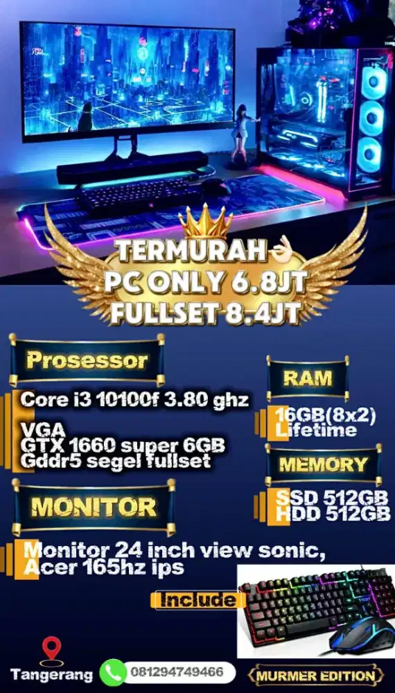 MURAH Pc Fullset Editing Pc Gaming core i3 gen 10 gtx 1660 super 1660s
