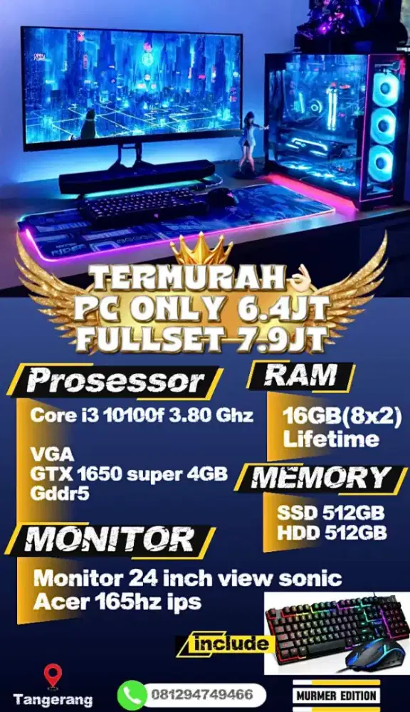 MURAH Pc Gaming Editing Pc Fullset core i3 gen 10 gtx 1650 super 4GB