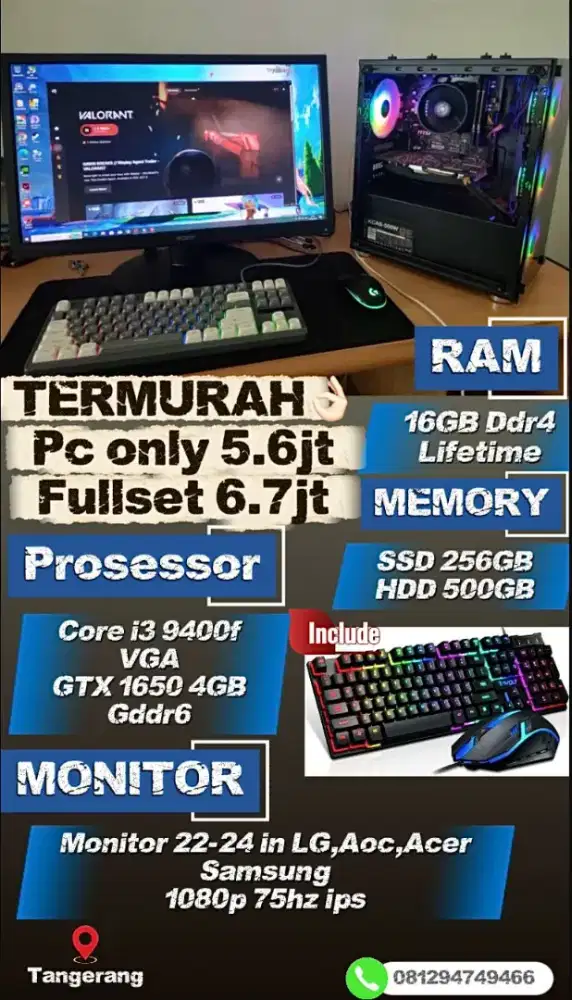 TERMURAH Pc gaming editing Pc Fullset Core i3 gen 9 gtx 1650 4GB