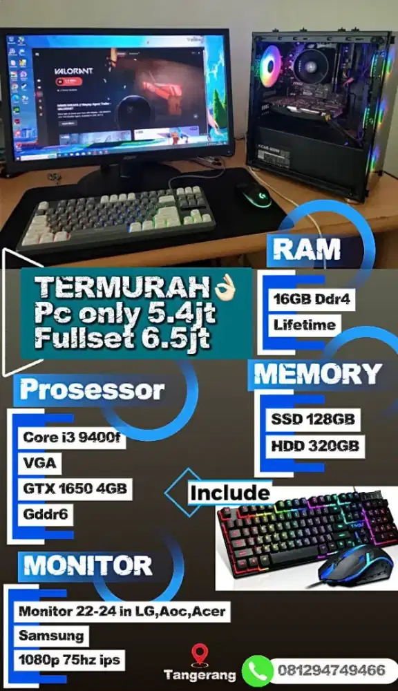 TERMURAH PC Fullset Pc Gaming core i3 9100f vga gtx 1650 no rtx 2060