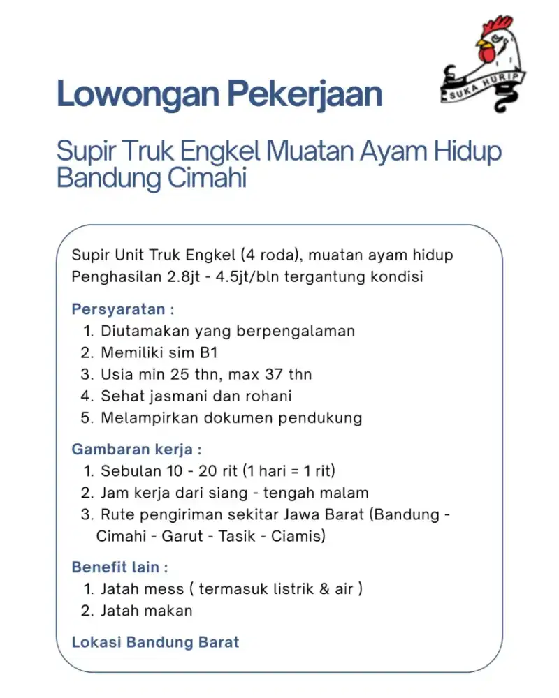 Lowongan Pekerjaan Supir Truk Engkel Muatan Ayam Hidup Bandung Cimahi