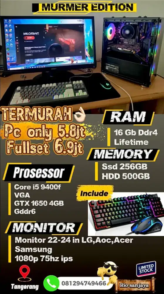 Pc gaming editing pc murah pc fullset core i5 9400f vga gtx 1650 4GB