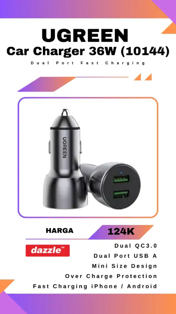 UGREEN CAR CHARGER DUAL PORT USB A (36 WATT) 10144