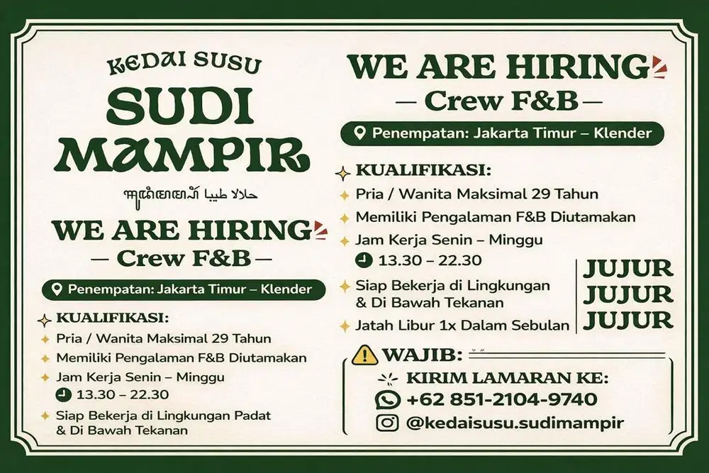 LOKER LOWONGAN KERJA CREW F&B | CAFE WARKOP RESTO
