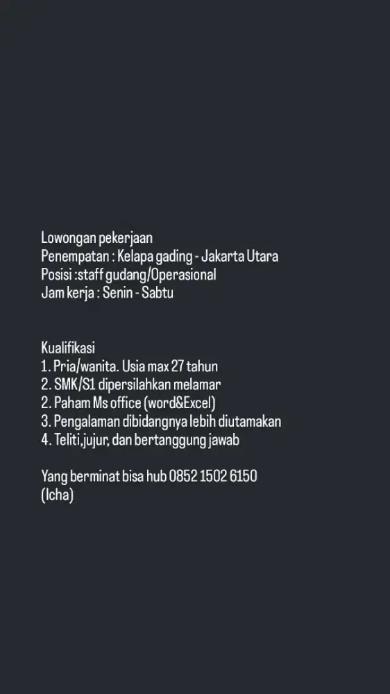 Lowongan pekerjaan staff gudang/Operasional