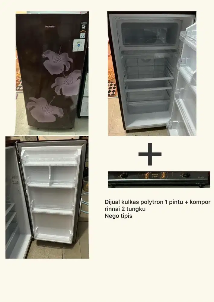 Dijual kulkas polytron 1 pintu dan kompor rinnai dua tungku
