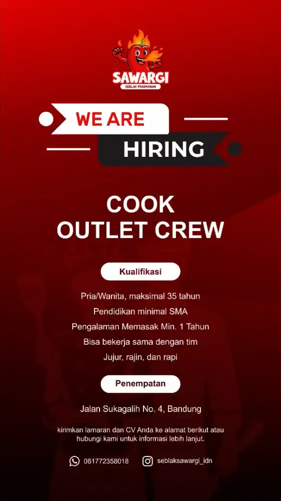 DIBUTUHKAN SEGERA COOK & CREW OUTLET