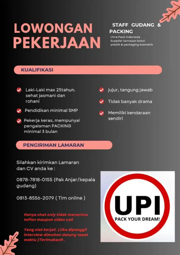 BUTUH SEGERA Staff packing & Gudang