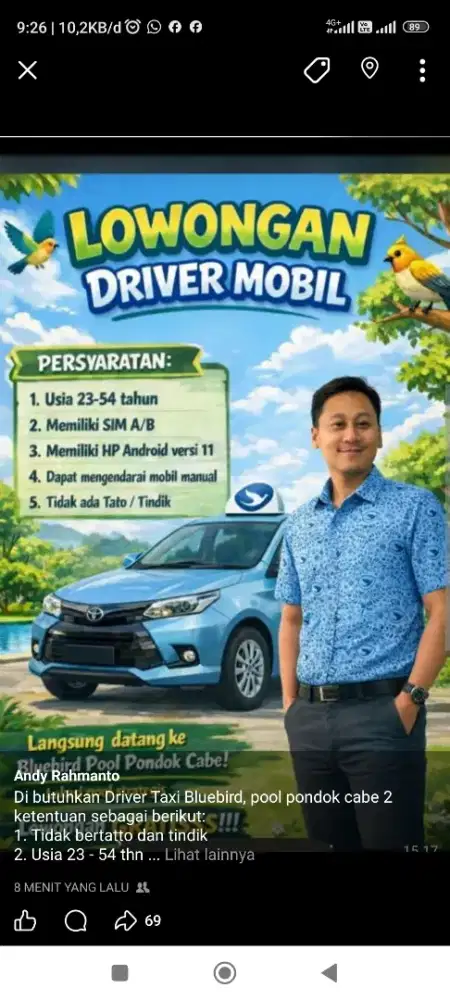 Pengemudi untuk taksi bluebird mobil baru berbasis online