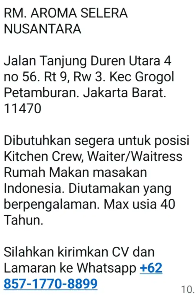 LOWONGAN PEKERJAAN KITCHEN CREW, WAITER DAN WAITRESS