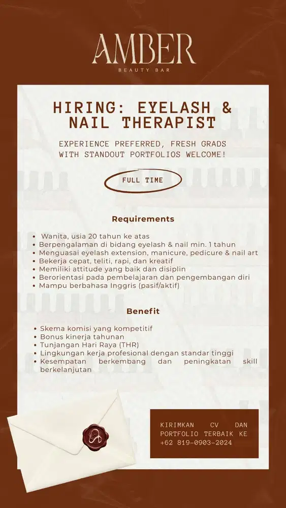 Hiring Eyelash and Nail Therapist