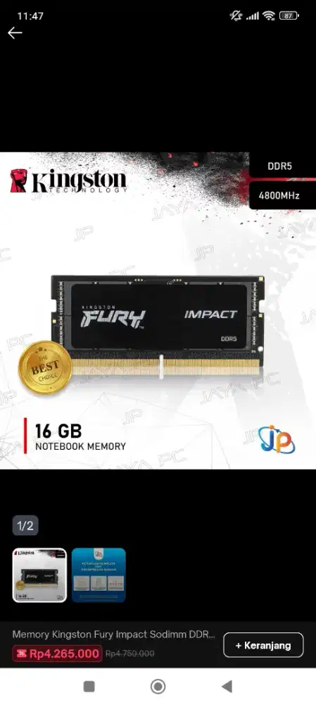 Memory Kingston Fury Impact Sodimm DDR5 4800Mhz 16GB Ram