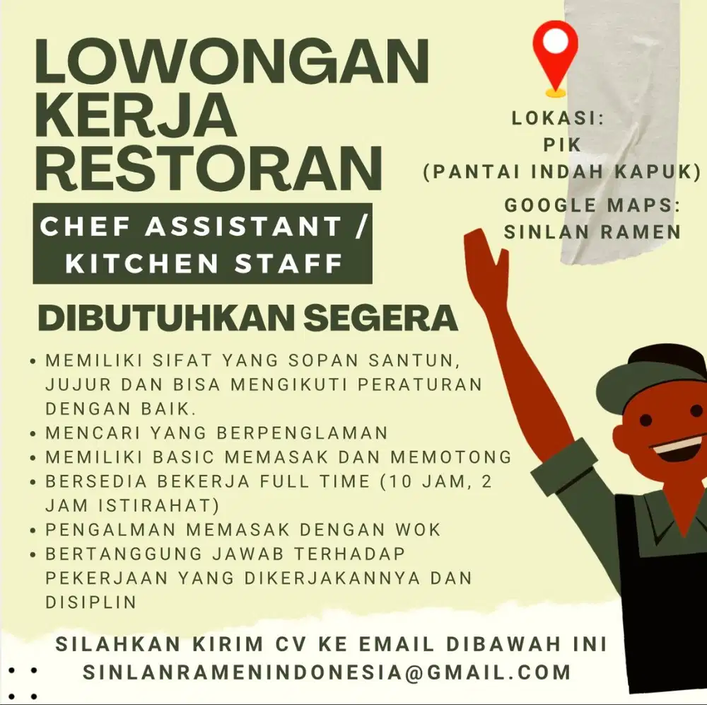 (DIBUTUHKAN SEGERA) LOWONGAN KERJA CHEF ASISTEN